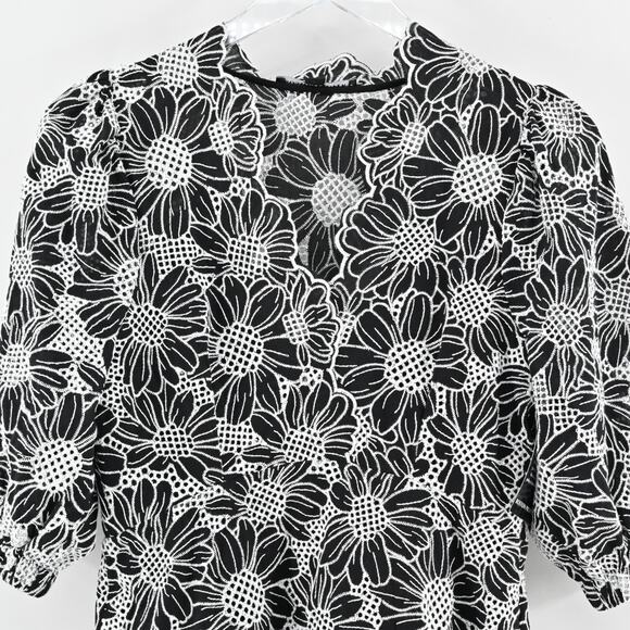 BOSTON PROPER Embroidered Dress Sz 6 Black White Floral Puff Sleeve Flounce Hem‎ - Picture 9 of 15